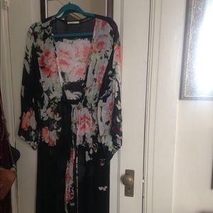 Floral and black sheer kimono